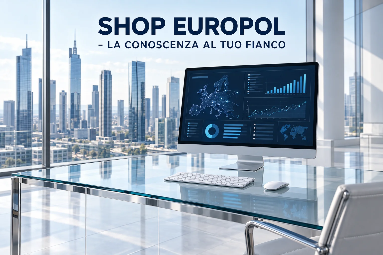 Illustrazione di un ufficio moderno con grafici sul monitor. Shop Europol - La conoscenza al tuo fianco.